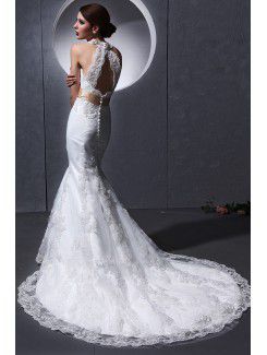 Lace and charmeuse Halter Chapel Train Mermaid Wedding Dress with Embroidered