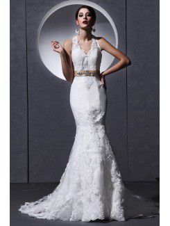 Lace and charmeuse Halter Chapel Train Mermaid Wedding Dress with Embroidered