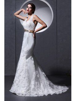 Lace and charmeuse Halter Chapel Train Mermaid Wedding Dress with Embroidered