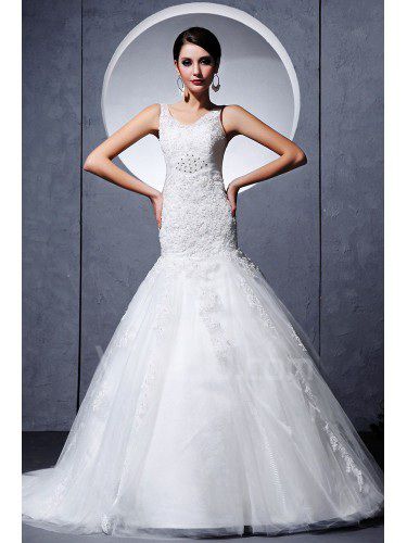 Satin and Lace Scoop Cathedral Train Ball Gown Wedding Dress with Embroidered