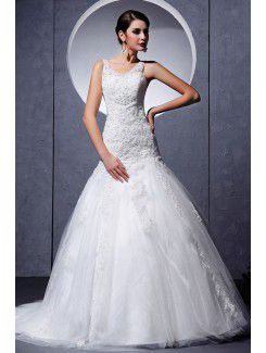 Satin and Lace Scoop Cathedral Train Ball Gown Wedding Dress with Embroidered