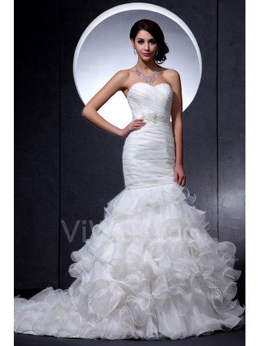 Satin and Lace Sweetheart Court Train Mermaid Wedding Dress with Crystals