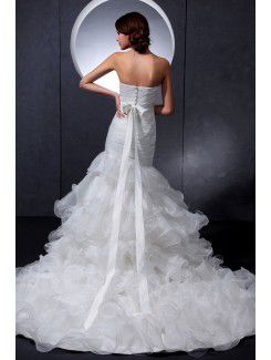 Satin and Lace Sweetheart Court Train Mermaid Wedding Dress with Crystals