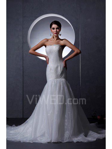 Organza raso senza spalline cappella treno abito da sposa sirena con ricamo