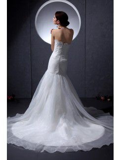 Organza Satin Strapless Chapel Train Mermaid Wedding Dress with Embroidered