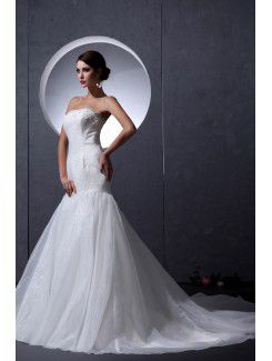 Organza Satin Strapless Chapel Train Mermaid Wedding Dress with Embroidered