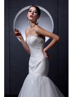 Organza Satin Strapless Chapel Train Mermaid Wedding Dress with Embroidered