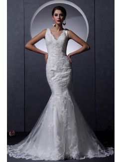 Lace V-Neckline Court Train Mermaid Wedding Dress