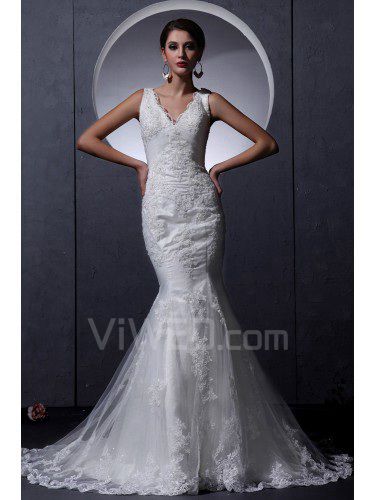 Lace V-Neckline Court Train Mermaid Wedding Dress