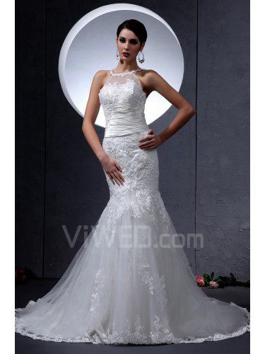 Lace and Satin Jewel Chapel Train Mermaid Wedding Dress with Embroidered