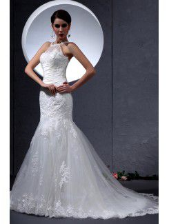 Lace and Satin Jewel Chapel Train Mermaid Wedding Dress with Embroidered