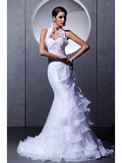 Taffeta and Tulle Halter Chapel Train Mermaid Wedding Dress with Flowers and Ruffle