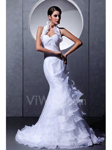 Taffeta and Tulle Halter Chapel Train Mermaid Wedding Dress with Flowers and Ruffle