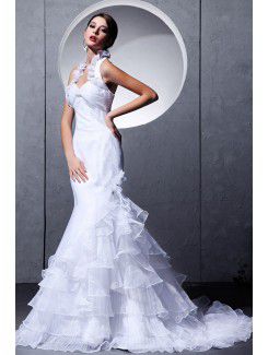 Taffeta and Tulle Halter Chapel Train Mermaid Wedding Dress with Flowers and Ruffle