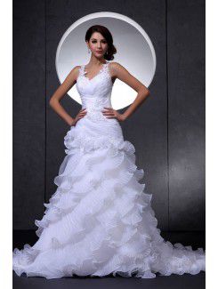 Organza and Lace V-Neckline Cathedral Train A-Line Wedding Dress with Embroidered