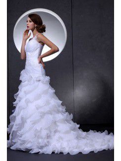 Organza and Lace V-Neckline Cathedral Train A-Line Wedding Dress with Embroidered