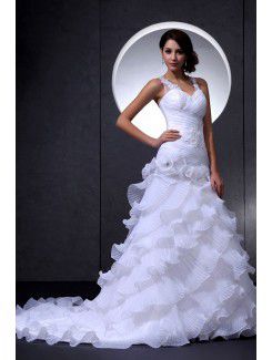 Organza and Lace V-Neckline Cathedral Train A-Line Wedding Dress with Embroidered