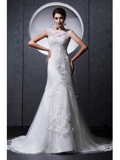 Satin and Tulle Jewel Chapel Train Mermaid Wedding Dress with Embroidered