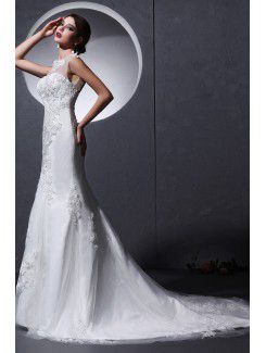 Satin and Tulle Jewel Chapel Train Mermaid Wedding Dress with Embroidered