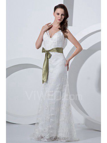 Satin and Tulle V-Neckline Sweep Train Sheath Wedding Dress