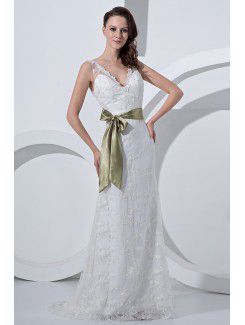 Satin and Tulle V-Neckline Sweep Train Sheath Wedding Dress