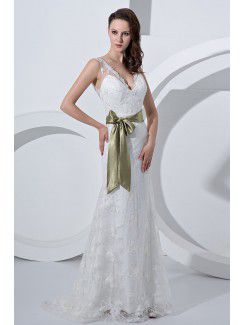 Satin and Tulle V-Neckline Sweep Train Sheath Wedding Dress