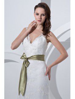 Satin and Tulle V-Neckline Sweep Train Sheath Wedding Dress