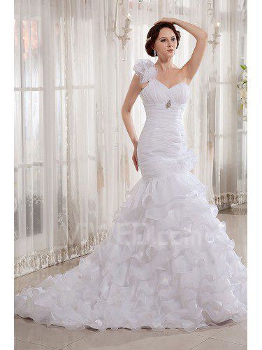 Organza One-Shoulder Court Train Mermaid Wedding Dress with Embroidered and Ruffle