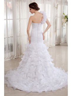 Organza One-Shoulder Court Train Mermaid Wedding Dress with Embroidered and Ruffle