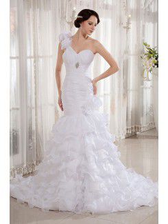 Organza One-Shoulder Court Train Mermaid Wedding Dress with Embroidered and Ruffle