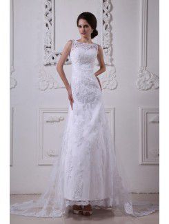 Satin and Lace Bateau Sweep Train A-Line Wedding Dress with Embroidered