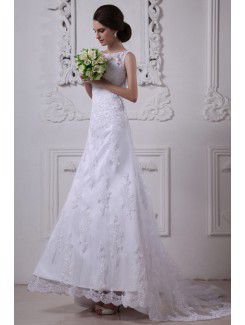 Satin and Lace Bateau Sweep Train A-Line Wedding Dress with Embroidered