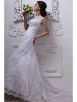 Satin and Lace Bateau Sweep Train A-Line Wedding Dress with Embroidered