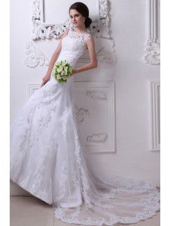 Satin and Lace Bateau Sweep Train A-Line Wedding Dress with Embroidered