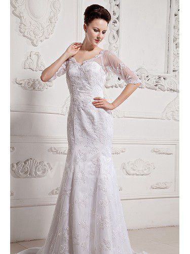 Lace and Satin V-Neck Chapel Train Sheath Wedding Dress with Half-Sleeves