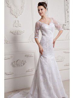 Lace and Satin V-Neck Chapel Train Sheath Wedding Dress with Half-Sleeves