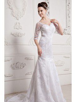 Lace and Satin V-Neck Chapel Train Sheath Wedding Dress with Half-Sleeves