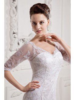 Lace and Satin V-Neck Chapel Train Sheath Wedding Dress with Half-Sleeves