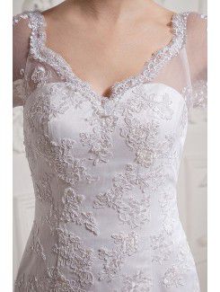 Lace and Satin V-Neck Chapel Train Sheath Wedding Dress with Half-Sleeves