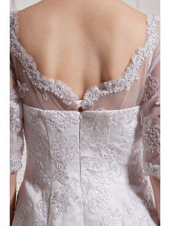 Lace and Satin V-Neck Chapel Train Sheath Wedding Dress with Half-Sleeves