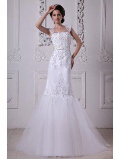 Satin and Lace Square Sweep Train Mermaid Wedding Dress