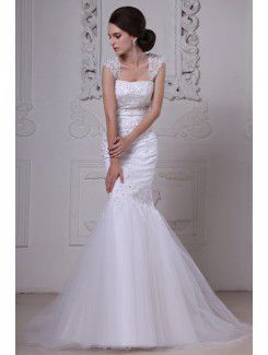 Satin and Lace Square Sweep Train Mermaid Wedding Dress