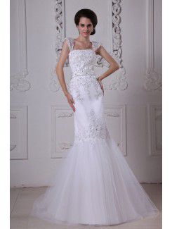 Satin and Lace Square Sweep Train Mermaid Wedding Dress