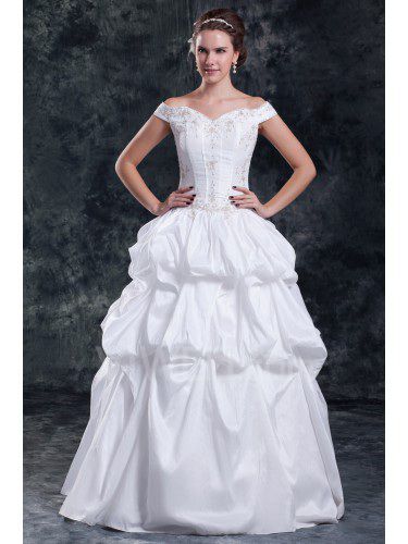 Taffeta Off-the-Shoulder Floor Length Ball Gown Embroidered Wedding Dress