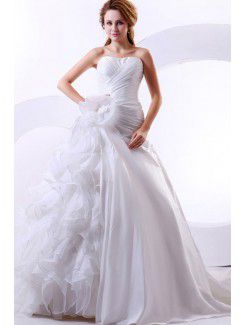 Satin and Organza Sweetheart Chapel Train Ball Gown Wedding Dress with Ruffle and Flowers