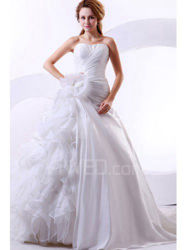 Satin et organza train chapelle robe de bal de mariage robe avec volants et des fleurs