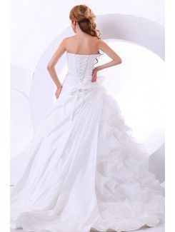 Satin and Organza Sweetheart Chapel Train Ball Gown Wedding Dress with Ruffle and Flowers