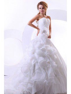 Satin and Organza Sweetheart Chapel Train Ball Gown Wedding Dress with Ruffle and Flowers