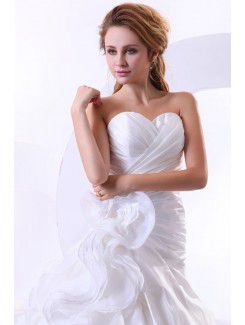 Satin and Organza Sweetheart Chapel Train Ball Gown Wedding Dress with Ruffle and Flowers