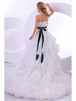 Tulle and Satin Strapless Cathedral Train Ball Gown Wedding Dress with Rhinestones